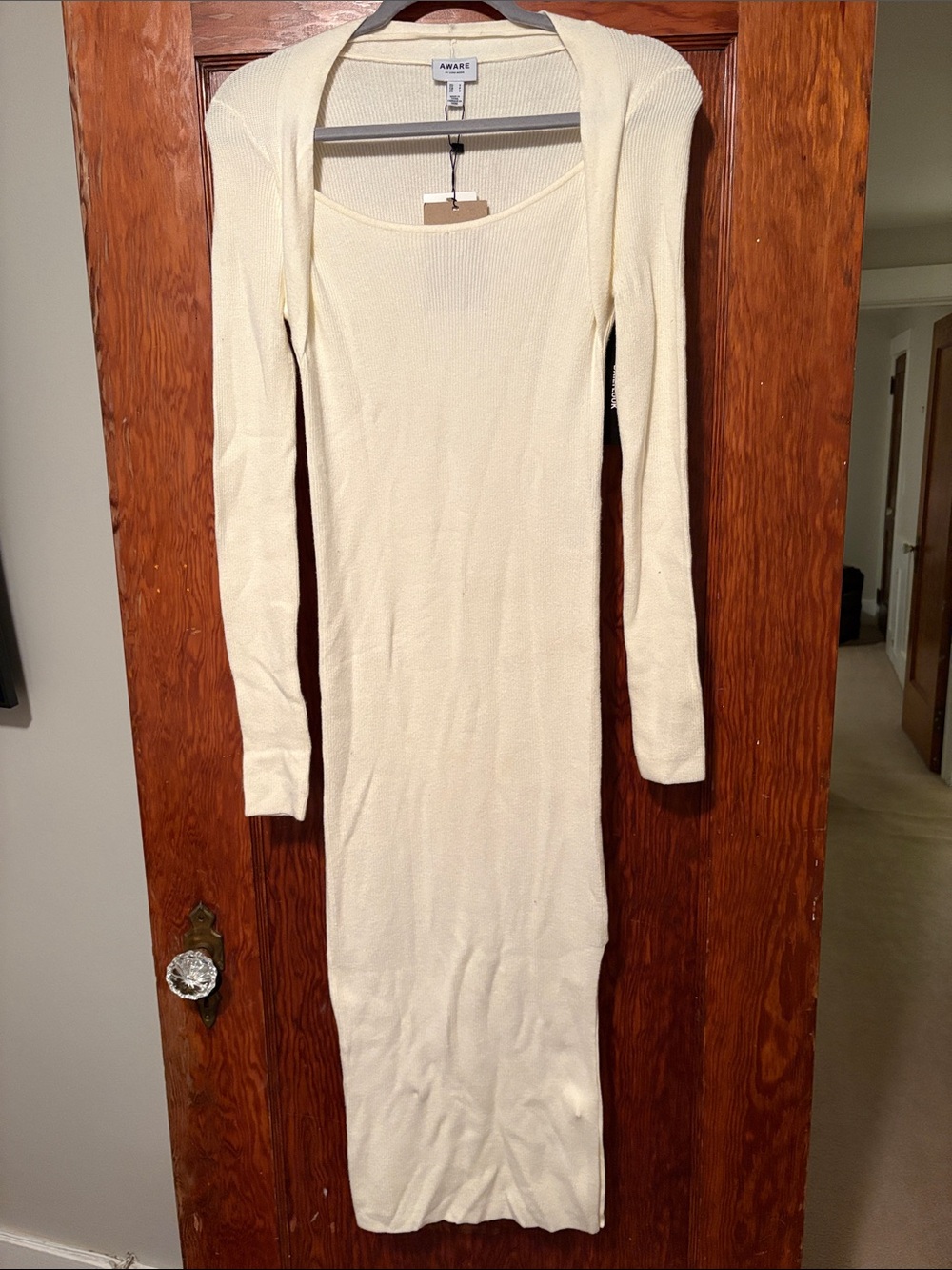 Cream Long Sleeve Ribbed Bodycon Maxi Dress